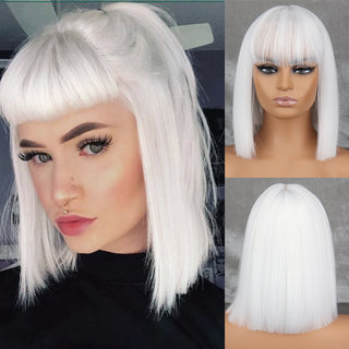 WERD Short White Grey Wig For Woman With Bangs Ladies Anime High Temperature Fiber Synthetic Cosplay Lolita Wig