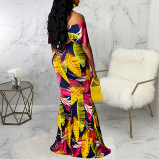 Sunflower Print Off Shoulder Maxi Dress Women Strapless Slash Neck Casual Long Dresses