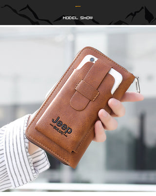 JEEP BULUO Cartera d'embragatge de cuir per a homes Bossa de marca per a telèfon amb doble cremallera Cartera de luxe Bossa d'embragatge de cuir de gran capacitat