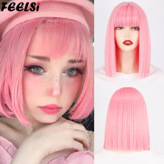 Short Bob Synthetic Wigs With Bangs for Women Wigs Blonde Black Blue fiber Natural Hair for Lolita Cosplay Party Daily Use