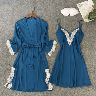 Satin Robe Set Sexy Female Sleepwear Summer Kimono Bathrobe Lace Trim Bride Bridesmaid Dressing Gown Casual Nightgown