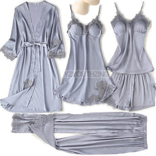 5PCS Robe Suit Satin Women Nightwear Lace Kimono Gown Bridal Wedding Bathrobe Set Sexy Pajamas V-Neck Sleepwear Lounge Lingerie