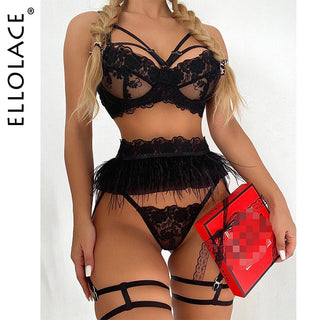 Ellolace Feather Sexy Lingerie Women&#39;s Underwear Set Woman 3 Pieces Women Sets Lingerie Sexy Push up Sensual Lingerie Woman