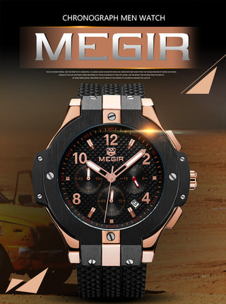 MEGIR Brand Men Watch Quartz Watch Gold Rubber Band 3ATM Water Resistant Chronograph Mens Quartz Wrist Watch