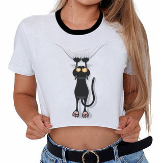 Moda d'estiu Harajuku Sexy Tank Top Crop Top Samarreta blanca Roba de dona de gat negre entremaliat de màniga curta de dibuixos animats