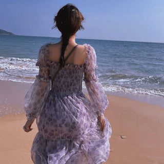 2023 Summer Lace Elegant Midi Dress Women Puff Sleeve Square Collar Boho Beach Floral Dress Female Party One Piece Dress Korean ALODIA STORE