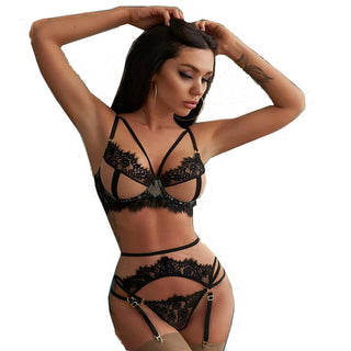 Aduloty Hot Sale New Women&#39;s Sexy Lace Eyelash Underwear Set Thin Transparent Lingerie Underwire Gather Bra And Thong Garter