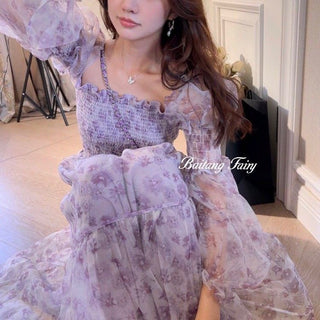 2023 Summer Lace Elegant Midi Dress Women Puff Sleeve Square Collar Boho Beach Floral Dress Female Party One Piece Dress Korean ALODIA STORE