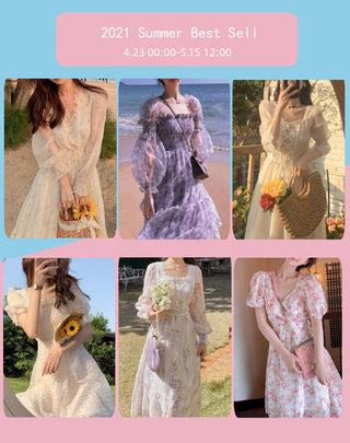 V-neck Elegant Sweet Dress Women Long Sleeve Chiffon Floral Dress Party Beach Dress for Females Korean Style 2021 Summer Chic ALODIA STORE