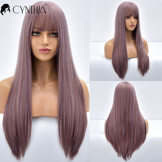 Blonde Ombre Long Straight Gold Synthetic Wig With Bangs For Black White Women Heat Resistant Fiber Daily Hair Cosplay Wigs