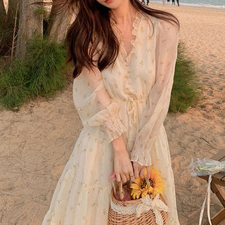V-neck Elegant Sweet Dress Women Long Sleeve Chiffon Floral Dress Party Beach Dress for Females Korean Style 2021 Summer Chic ALODIA STORE