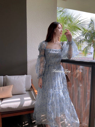 2023 Summer Lace Elegant Midi Dress Women Puff Sleeve Square Collar Boho Beach Floral Dress Female Party One Piece Dress Korean ALODIA STORE