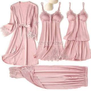 5PCS Robe Suit Satin Women Nightwear Lace Kimono Gown Bridal Wedding Bathrobe Set Sexy Pajamas V-Neck Sleepwear Lounge Lingerie