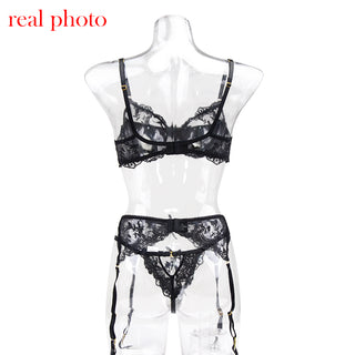 Ellolace Lace Lingerie Embroidery Women&#39;s Underwear Transparent Erotic Push Up Bra And Panty Set Black Fancy Garters Intimate