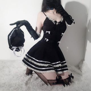 Woman Sexy Lingerie Maid Cosplay Costumes Cute Black Dress and Thong Anime School Girl Gothic Outfit with Hat and Glove