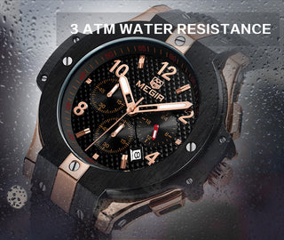 MEGIR Brand Men Watch Quartz Watch Gold Rubber Band 3ATM Water Resistant Chronograph Mens Quartz Wrist Watch