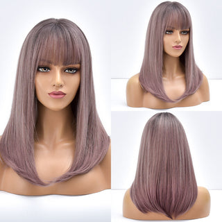 Blonde Ombre Long Straight Gold Synthetic Wig With Bangs For Black White Women Heat Resistant Fiber Daily Hair Cosplay Wigs