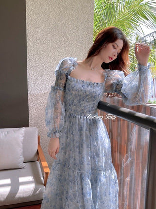2023 Summer Lace Elegant Midi Dress Women Puff Sleeve Square Collar Boho Beach Floral Dress Female Party One Piece Dress Korean ALODIA STORE
