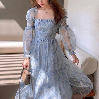 2023 Summer Lace Elegant Midi Dress Women Puff Sleeve Square Collar Boho Beach Floral Dress Female Party One Piece Dress Korean ALODIA STORE
