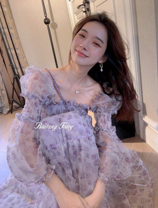 2023 Summer Lace Elegant Midi Dress Women Puff Sleeve Square Collar Boho Beach Floral Dress Female Party One Piece Dress Korean ALODIA STORE