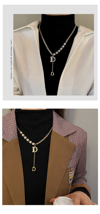 Design Sense Micro Setting Zircon D Letter Pendant Long Necklace Winter Sweater Chain Fashion Jewelry For Woman Girls Party Gift