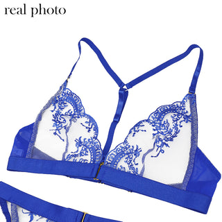 Echonight Sexy Women's Underwear Transparent Lingerie Embroidery Wireless Bra and Panty Set with Thongs Blue Lace Erotic Sets