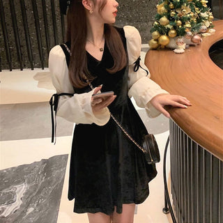 Vintage Mini Dress Lolita Women 2023 Autumn Lace Bow Velvet Evening Party Dress Female Y2k Casual Kawaii One Piece Dress Korean ALODIA STORE