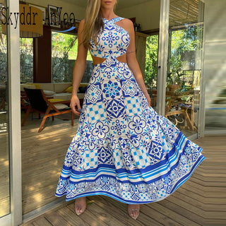 Vintage Printed Dresses Summer 2022 Women Sleeveless Halter Sexy Long Dress A-Line Elegant Woman Pary Dress ALODIA STORE
