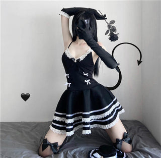 Woman Sexy Lingerie Maid Cosplay Costumes Cute Black Dress and Thong Anime School Girl Gothic Outfit with Hat and Glove