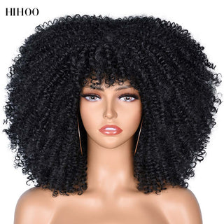 Short Afro Kinky Curly Wig With Bangs For Black Women Cosplay Lolita Natural Hair Ombre Mixed Brown Synthetic African Wigs