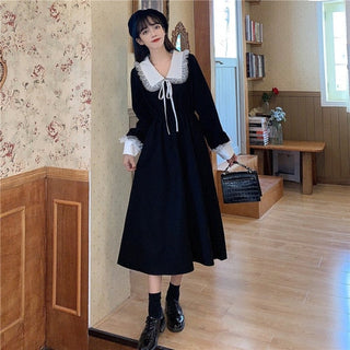 Vintage Dress Women Sweet Lace Peter Pan Collar French Elegant Long Sleeve Lace-Up Fairy One Piece Dress Korean 2021 Autumn Chic ALODIA STORE