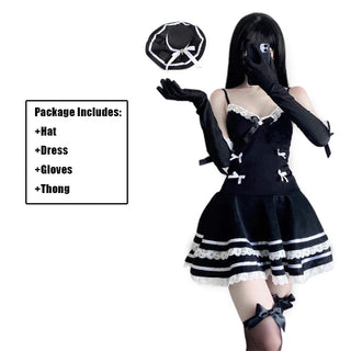 Woman Sexy Lingerie Maid Cosplay Costumes Cute Black Dress and Thong Anime School Girl Gothic Outfit with Hat and Glove