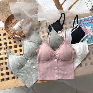 Women Camisole Fashion Wild Solid Color Sling Tank Top Summer New Button V-neck Cotton Vest With Removable Chest Pad