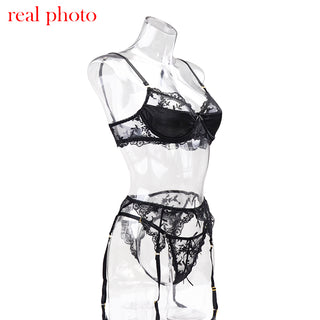 Ellolace Lace Lingerie Embroidery Women&#39;s Underwear Transparent Erotic Push Up Bra And Panty Set Black Fancy Garters Intimate