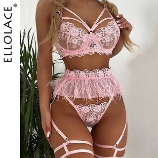 Ellolace Feather Sexy Lingerie Women&#39;s Underwear Set Woman 3 Pieces Women Sets Lingerie Sexy Push up Sensual Lingerie Woman