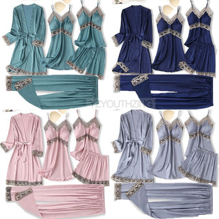 5PCS Robe Suit Satin Women Nightwear Lace Kimono Gown Bridal Wedding Bathrobe Set Sexy Pajamas V-Neck Sleepwear Lounge Lingerie