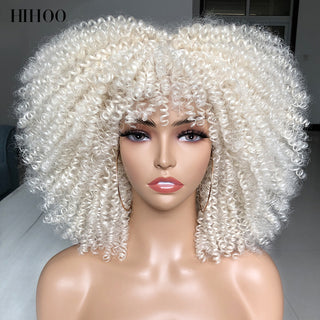 Short Afro Kinky Curly Wig With Bangs For Black Women Cosplay Lolita Natural Hair Ombre Mixed Brown Synthetic African Wigs