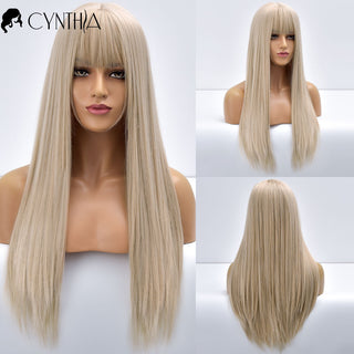 Blonde Ombre Long Straight Gold Synthetic Wig With Bangs For Black White Women Heat Resistant Fiber Daily Hair Cosplay Wigs