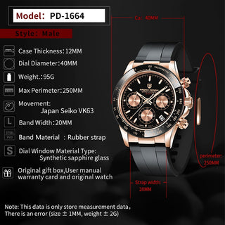 PAGANI DESIGN Top Brand New Rubber Strap Chronograph Watch Men Quartz Wristwatch Luxury Sapphire Glass Sports Watch Men Relogio