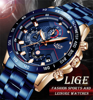 LIGE Men Watches Top Brand Luxury Stainless Steel Blue Waterproof Quartz Watch Men Fashion Chronograph Male Sport Military Watch