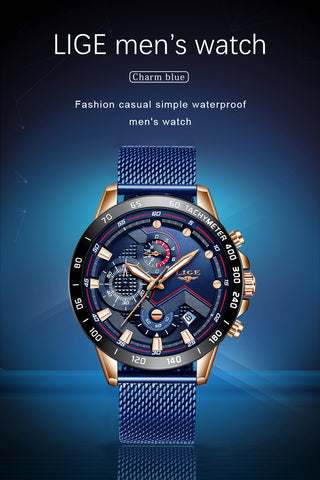 LIGE Men Watches Top Brand Luxury Stainless Steel Blue Waterproof Quartz Watch Men Fashion Chronograph Male Sport Military Watch