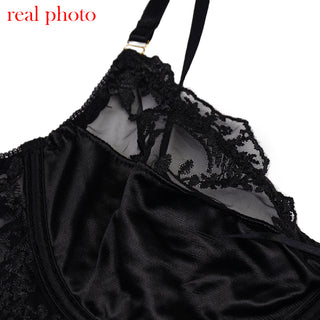 Ellolace Lace Lingerie Embroidery Women&#39;s Underwear Transparent Erotic Push Up Bra And Panty Set Black Fancy Garters Intimate