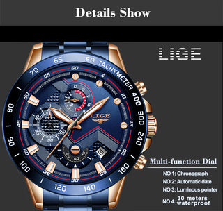 LIGE Men Watches Top Brand Luxury Stainless Steel Blue Waterproof Quartz Watch Men Fashion Chronograph Male Sport Military Watch