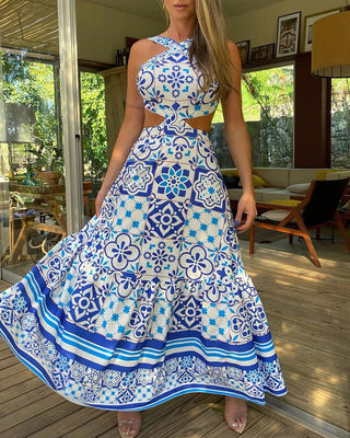 Vintage Printed Dresses Summer 2022 Women Sleeveless Halter Sexy Long Dress A-Line Elegant Woman Pary Dress ALODIA STORE