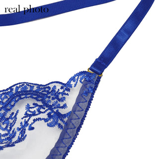 Echonight Sexy Women's Underwear Transparent Lingerie Embroidery Wireless Bra and Panty Set with Thongs Blue Lace Erotic Sets