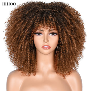 Short Afro Kinky Curly Wig With Bangs For Black Women Cosplay Lolita Natural Hair Ombre Mixed Brown Synthetic African Wigs