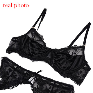 Ellolace Lace Lingerie Embroidery Women&#39;s Underwear Transparent Erotic Push Up Bra And Panty Set Black Fancy Garters Intimate