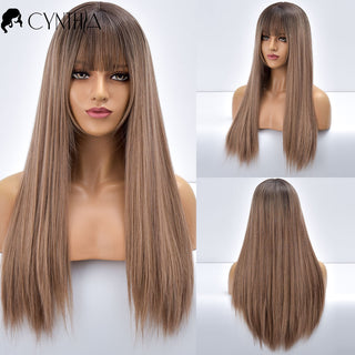 Blonde Ombre Long Straight Gold Synthetic Wig With Bangs For Black White Women Heat Resistant Fiber Daily Hair Cosplay Wigs