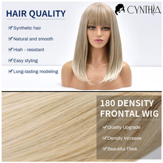 Blonde Ombre Long Straight Gold Synthetic Wig With Bangs For Black White Women Heat Resistant Fiber Daily Hair Cosplay Wigs