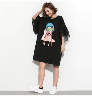 XITAO Splice Ribbon Cartoon Pattern Dress Women Puff Mesh Sleeve  Casual Party Black Dress Korean Style Summer DLL2106